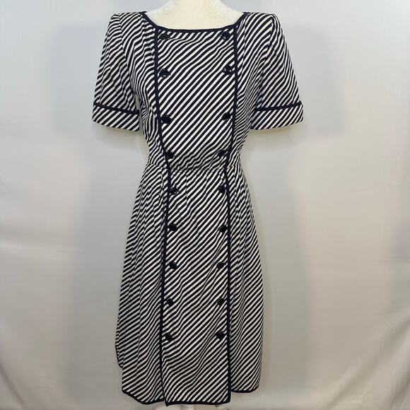 Vintage 1980’s Oscar de La Renta Striped Cotton Button Front Dress - Picture 1 of 15